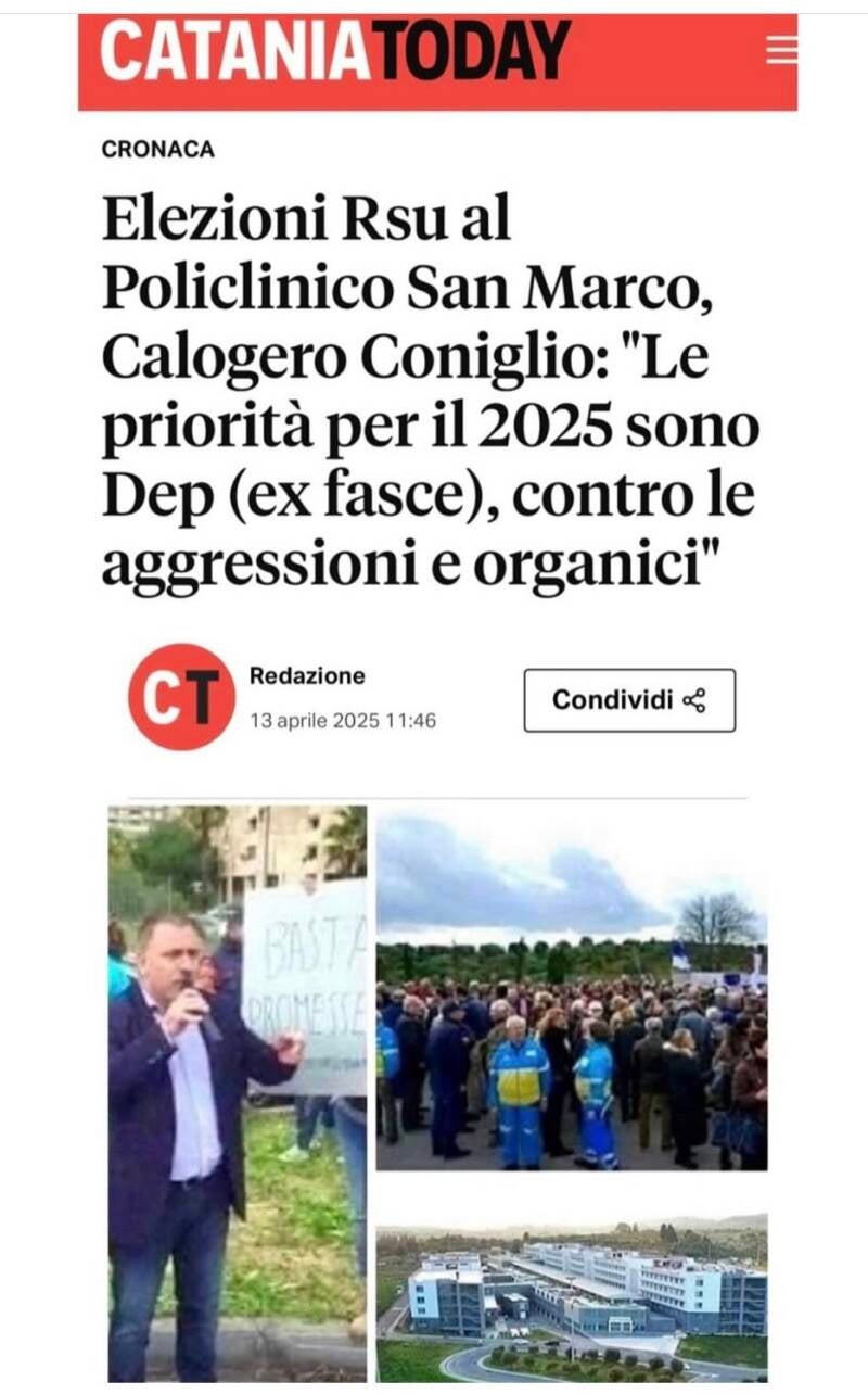 Elezioni Rsu al Policlinico San Marco, Calogero Coniglio: “Le priorità per il 2025 sono Dep (ex fasce), contro le aggressioni e organici” sindacato cisl fp