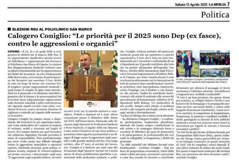 Elezioni Rsu al Policlinico San Marco, Calogero Coniglio: “Le priorità per il 2025 sono Dep (ex fasce), contro le aggressioni e organici”