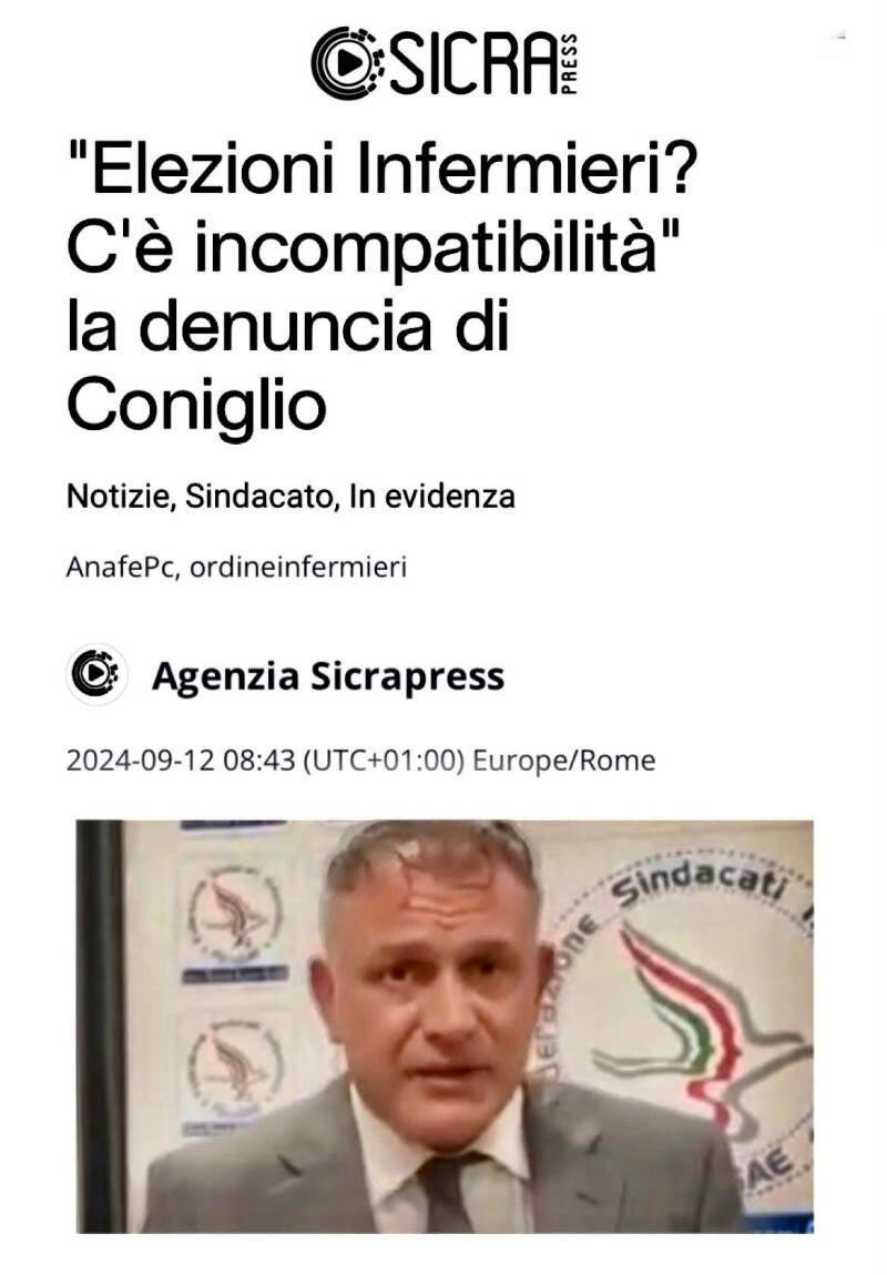Coniglio Calogero Presid. ANAFePC: incompatibilità componente ordine infermieri e sindacalisti rsu sindacato
