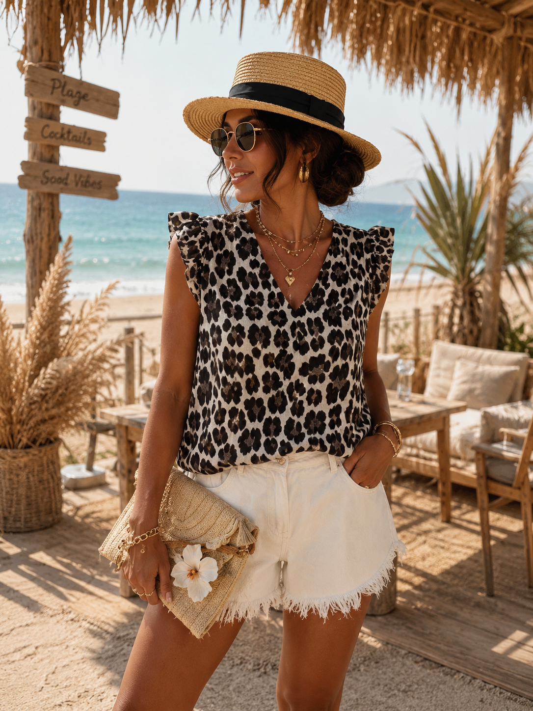 Top en gaze de coton léopard