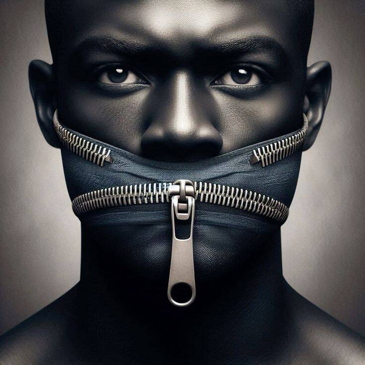 man in half a face mask with designer zipper going across his mouth, representing speak no evil