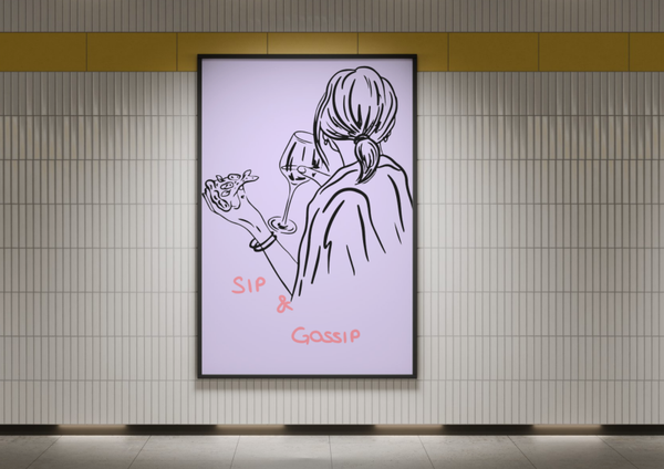 Sip & Gossip – Modernes Illustrationsposter in Flieder