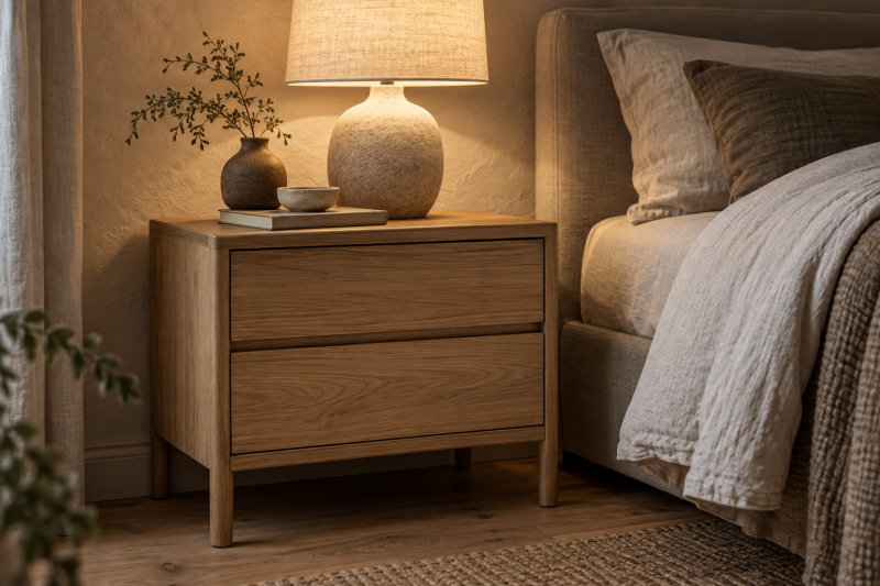 Houten nachtkastje naast een bed in een rustige slaapkamer