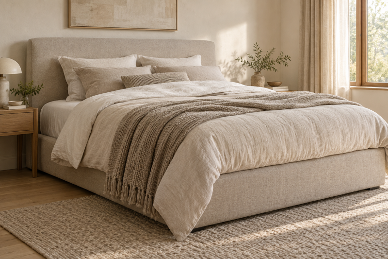 Gestoffeerd bed in een rustige Scandinavische slaapkamer