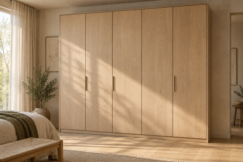 Houten kledingkast in een Scandinavische slaapkamer