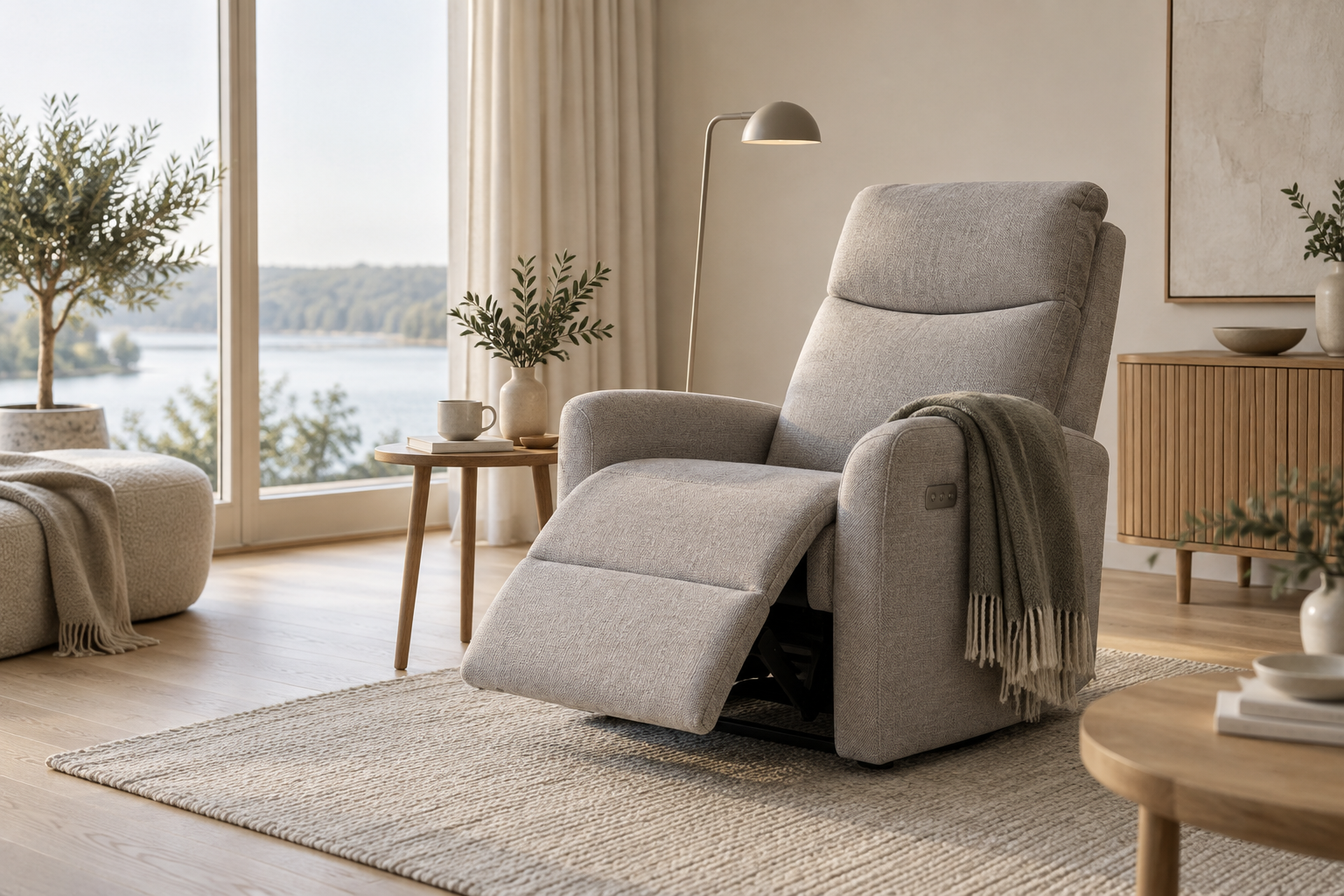 Comfortabele massagefauteuil in een Scandinavische woonkamer