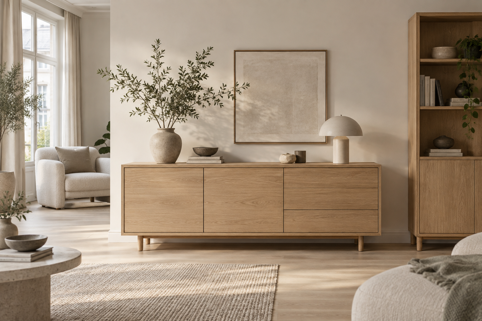 Houten opbergkast in een rustige Scandinavische woonkamer