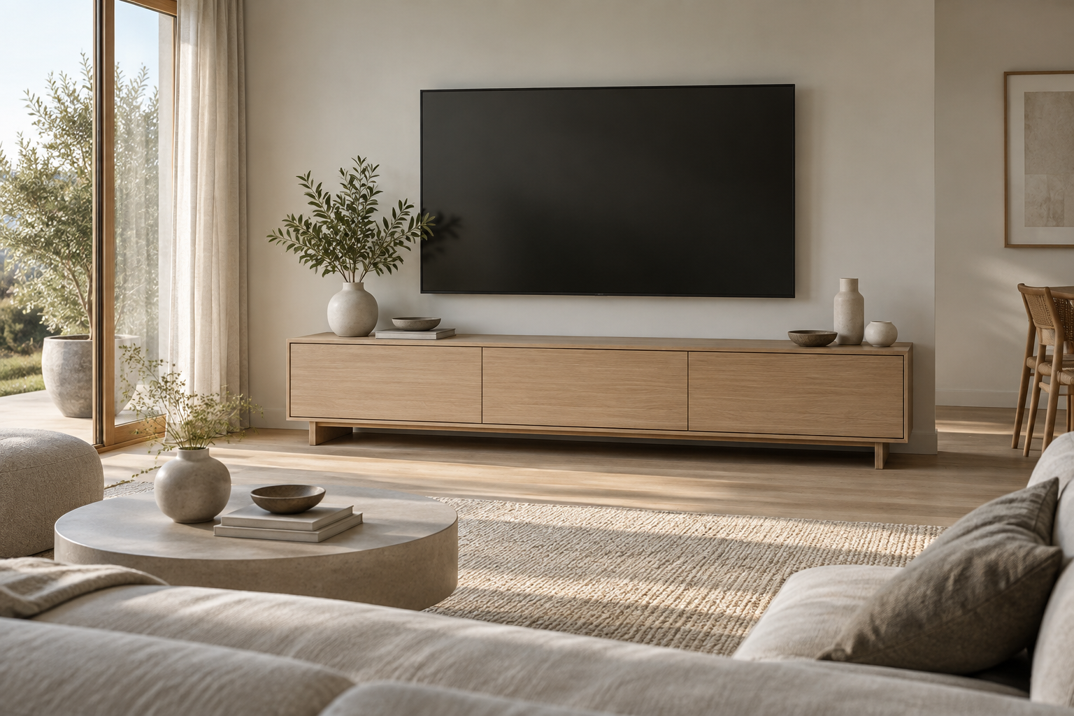 Televisie op een laag houten tv-meubel in een Scandinavische woonkamer