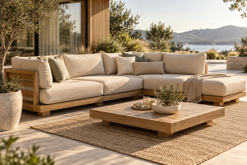 Comfortabele loungeset op een Scandinavisch terras