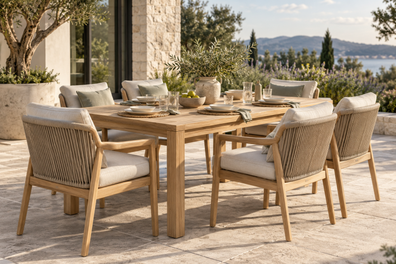 Houten tuintafel met comfortabele stoelen op een terras