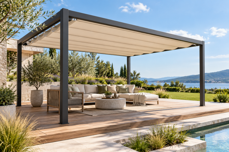 Pergola met schaduwdoek boven een loungeset in de tuin