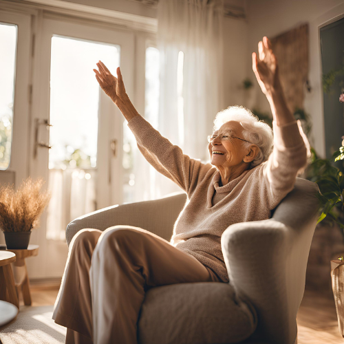 Elderly person doing seated stretches ito stay active and warm this winter