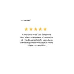 5-star review from Ian Fairbank: Lord-Sykes Property Service fitted a concertina door in Barnsley β polite, respectful, and highly recommended.