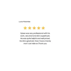 Lucia Malombeβs 5-star review: very professional and kind handyman service by Lord-Sykes Property Service β reliable, well-priced, and highly trusted