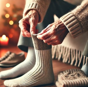 Elderly person layering cotton and wool socks indoors to stay warm in winter, demonstrating affordable ways to stay warm at home
