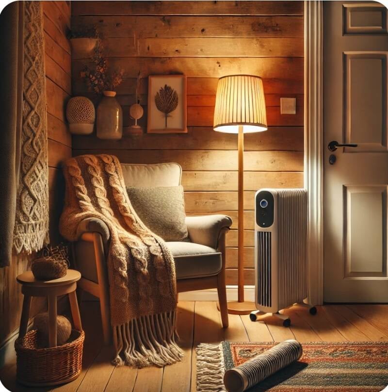 Comfortable indoor nook with armchair, wool throw blanket, and a small space heater, creating a warm energy efficient space for elderly