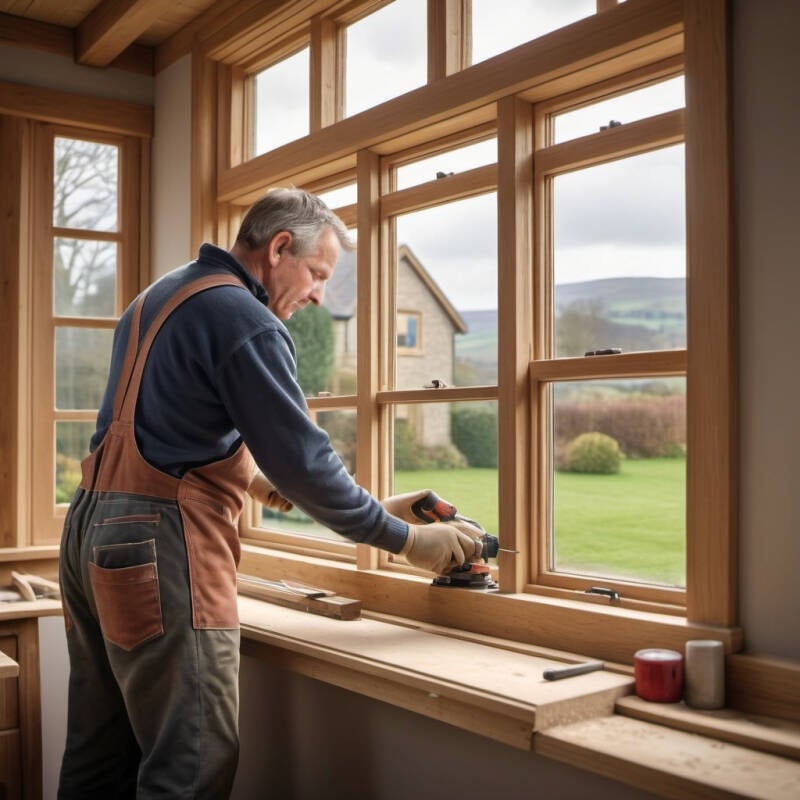 Professional installer measuring a window frame in a modern, stylish home, highlighting the meticulous process of fitting custom-made windows with a beautiful, lush garden visible outside