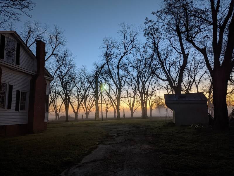 Sunrise over the 1832 Bryan House, Sandbed Road, Houston County, Georgia — the oldest occupied dwelling in the county