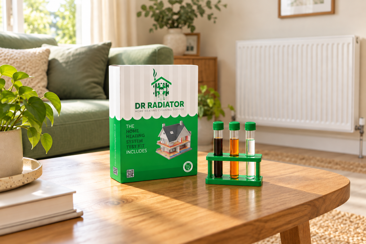 Illustrative Dr Radiator kit box with three green-capped test tubes in a green stand beside a radiator