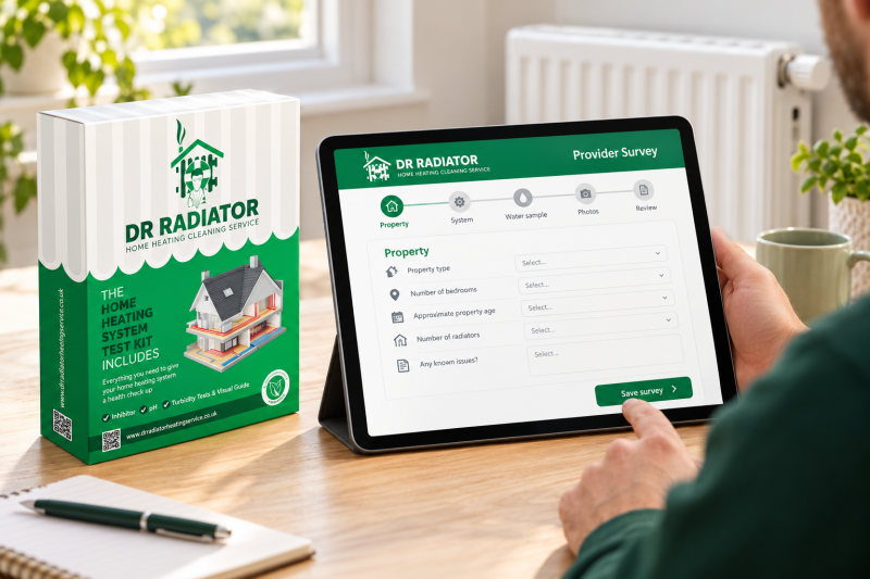 Illustrative Dr Radiator kit box beside a tablet showing a Provider Survey app concept