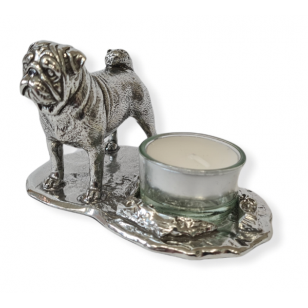 mops hondje waxinehouder zilvertin
