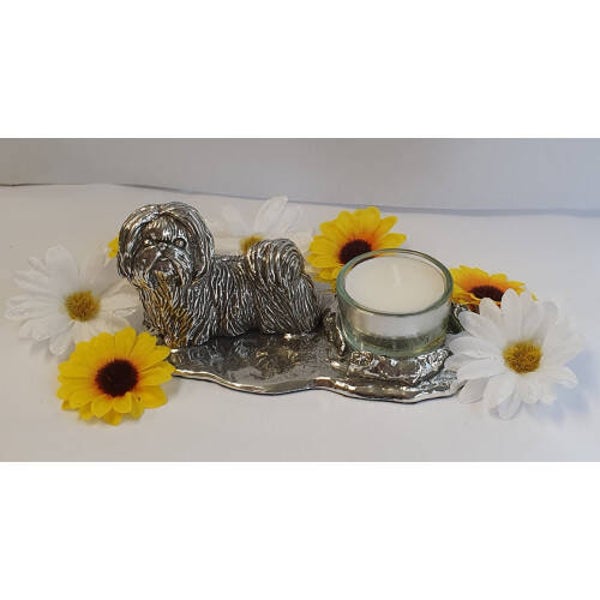 Shih tzu waxinehouder groot zilvertin
