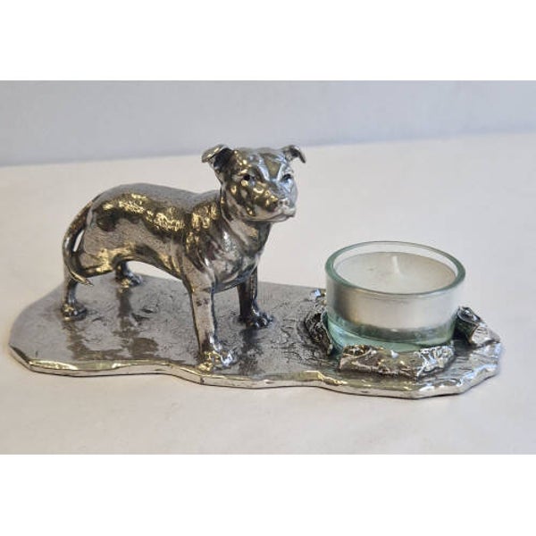 staffordshire bull terrier middel waxinehouder zilvertin