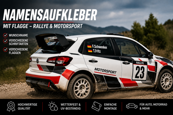 Personalisierte Namensaufkleber mit Flagge für Rallye & Motorsport