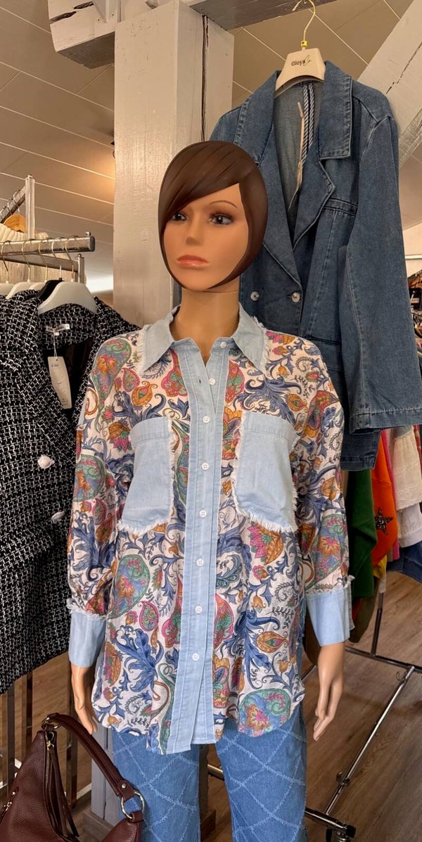 Chemise bleue fleurie avec frange - Ref 3318