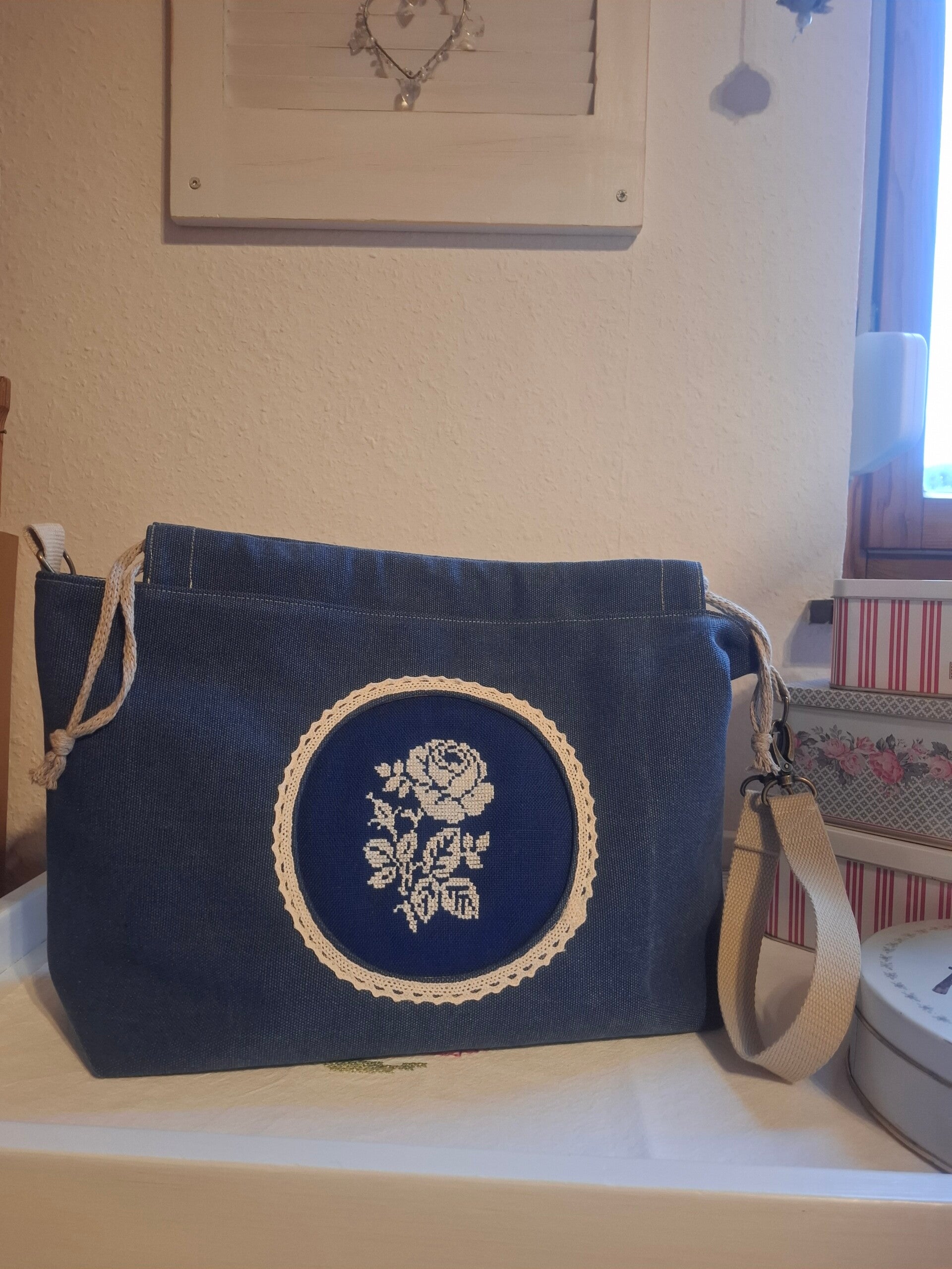 Tasche  Projektbeutel aus Canvas mit Stickrose