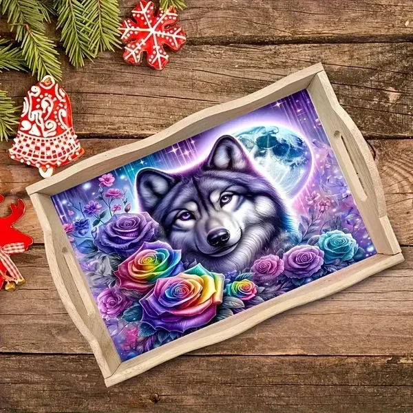 Servierbrett Wolf in Regenbogenrosen