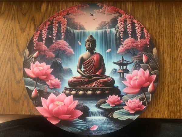 Schild Buddha Wasserfall und Kirschblüte