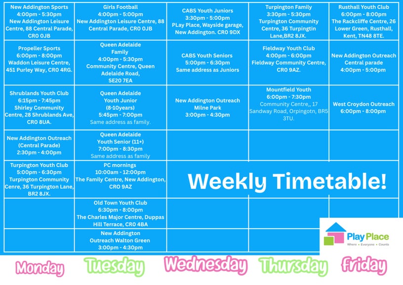 Place Time Table Youth Timetable | Play Place youth and community