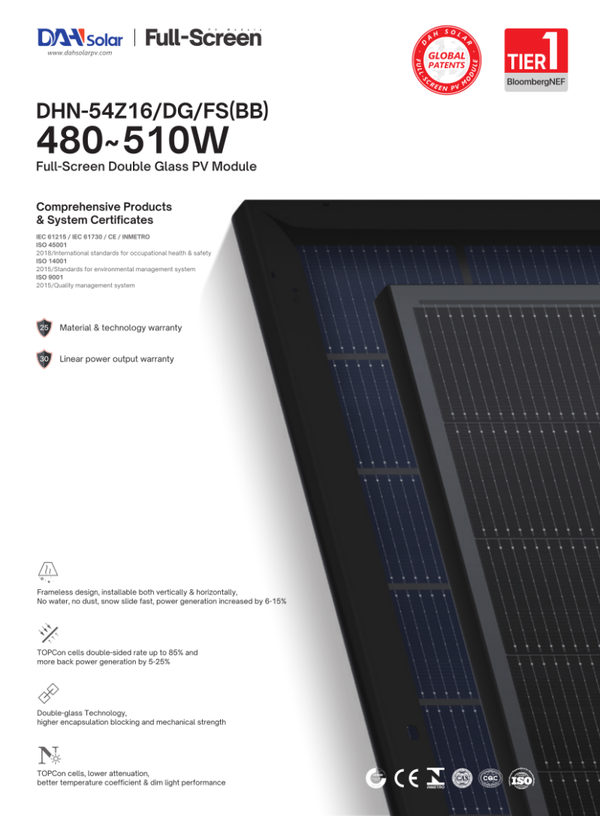 Solarmodule DAH Solar DHN-54Z16-DG/FS(BB)-500W  Fullscreen Fullblack, Glas/Glas, bifacial