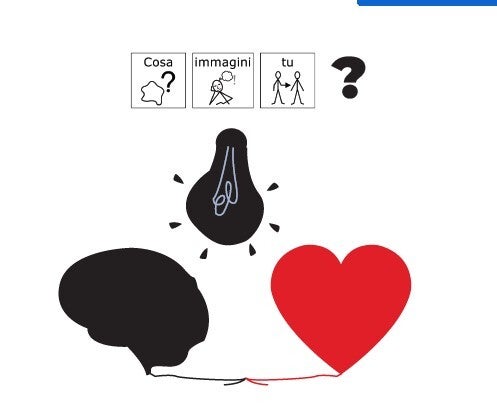 un scritta in simboli che dice Cosa immagini tu? e sotto il disegno  un cervello nero e un cuore uniti da una lampadina