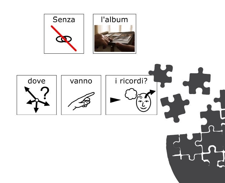 una scritta in simboli che dice Senza l'album dove vanno i ricordi?
