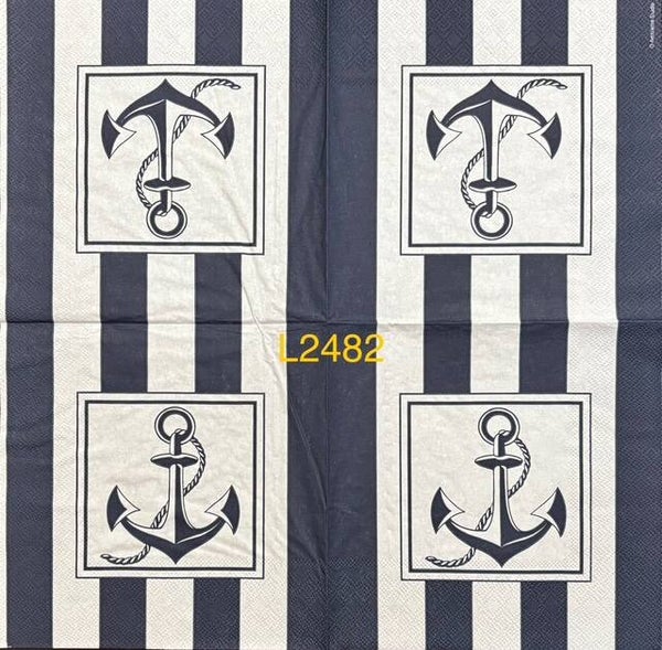 Beach (L2482) - White Anchor with Navy Blue and White Stripe Background