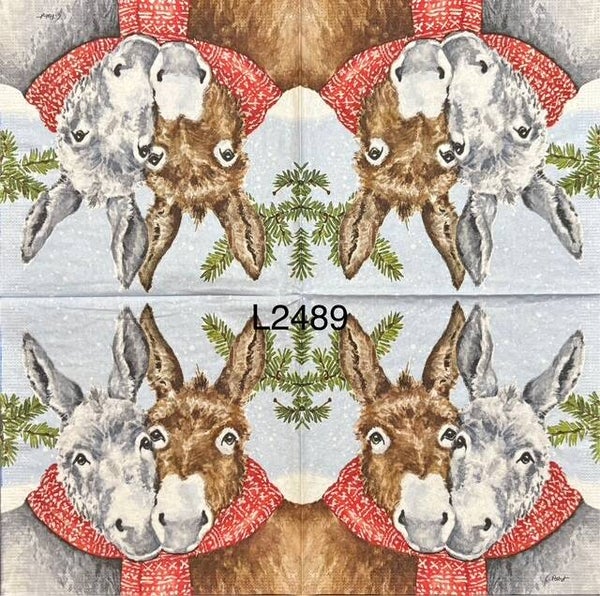 Winter (L2489) - Two Donkeys Sharing a Scarf