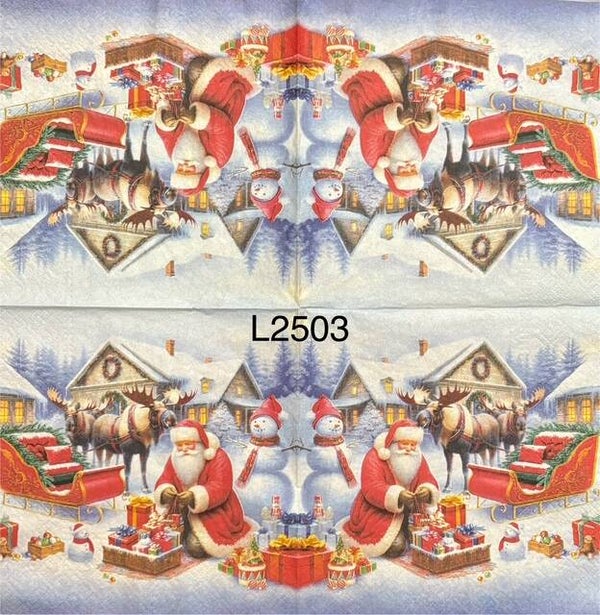 Christmas (L2503) - Santa Wrapping Presents Outside with Reindeer/Sled and Snowman