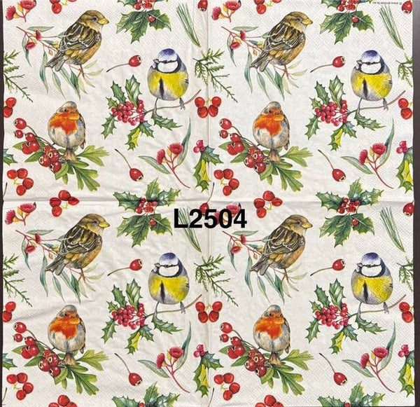 Christmas (L2504) - Holiday Birds on Holly and Berry Branches