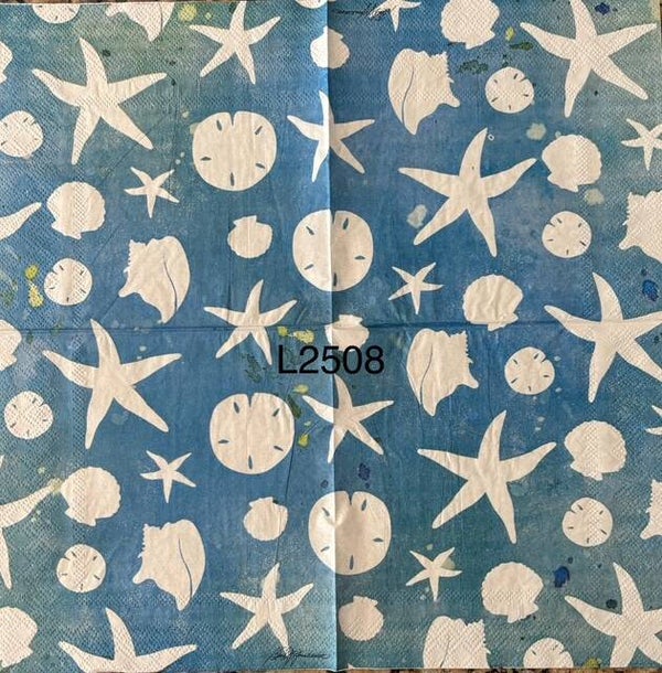 Beach (L2508) - White Shells, Sand Dollars, Starfish on Blue Background
