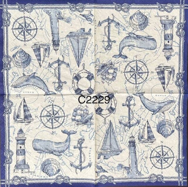 Beach (C2229) - Whale, Lighthouse, Sailboat, Compass, Anchor, etc in Blue and White