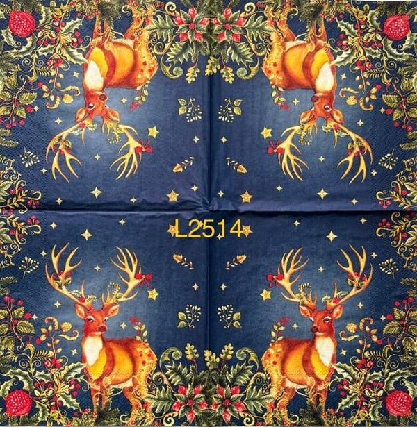 Deer (L2514) - Gold Deer Surrounded by Holiday Plants with Dark Blue Background (Buck)