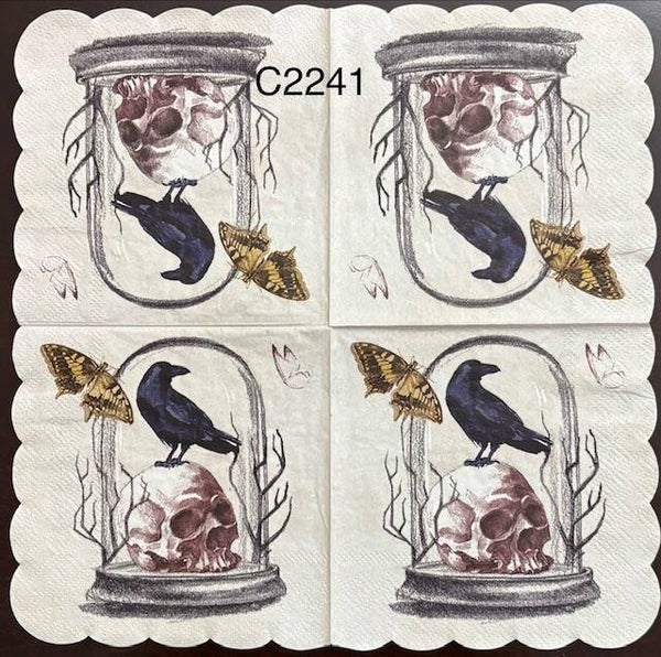 Halloween (C2241) - Raven Sitting on top of a Skull and a Butterfly Outside