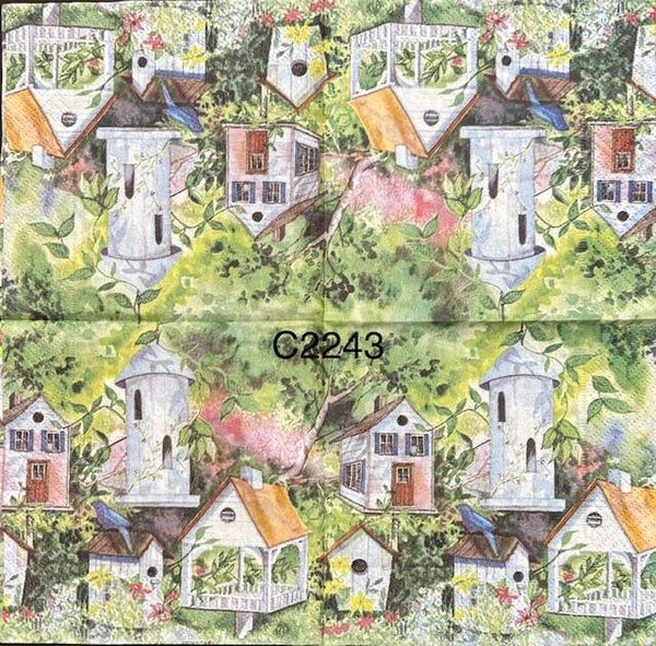 Birds (C2243) - Birdhouses and a Blue Bird on Roof of One