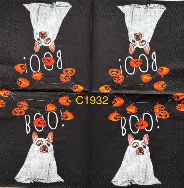 Dogs (C1932) - Dog Dressed as Ghost with Pumpkins Above Him and a BOO!
