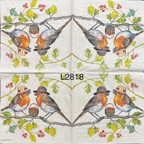 Birds (L2818) - Two Robins Wearing Hats with a Basket on a Branch