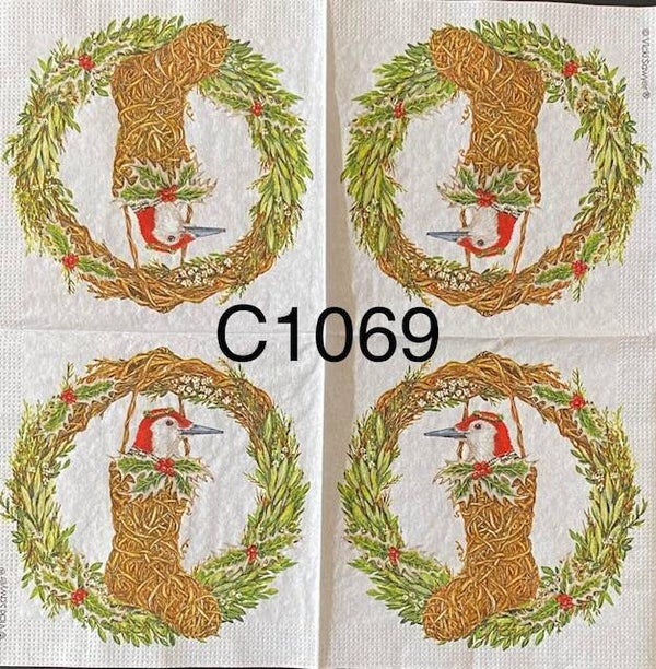 Christmas (C1069) - Red Bird Claudette in Stocking in Wreath
