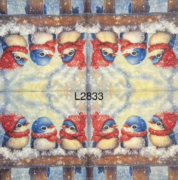 Winter (L2833) - Trio of Blue and White Birds Wearing a Scarf and Hat Sitting on a Wood Deck Handrail