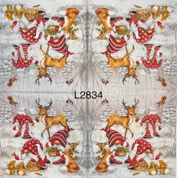 Gnomes (L2834) - Three Gnomes Wearing Santa Hats Outdoors with a Reindeer and Fox and Bunnies